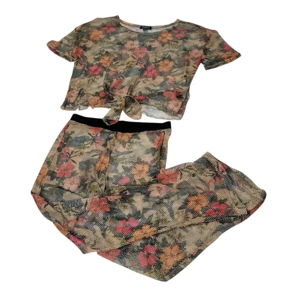 Rouge Mesh Floral Bell Bottom Pants Set Tie‎ Front Crop Top Boho Women's Size 1X